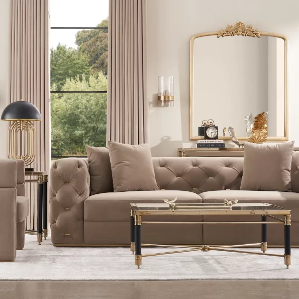 Empress Light Beige Velveteen 3-Seater Fabric Sofa