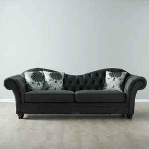 Florence II Charcoal Velvet 3-Seater Sofa with Floral Cushions