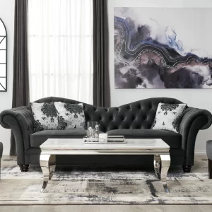 Florence II Charcoal Velvet 3-Seater Sofa with Floral Cushions