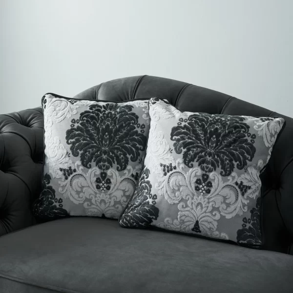 Florence II Charcoal Velvet 3-Seater Sofa with Floral Cushions