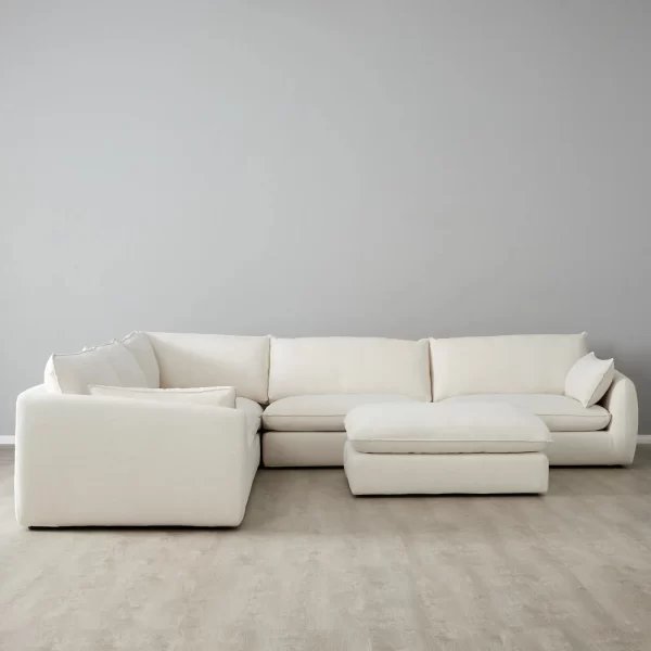 Macie Chiffon White Fabric Modular Corner Sofa with Ottoman