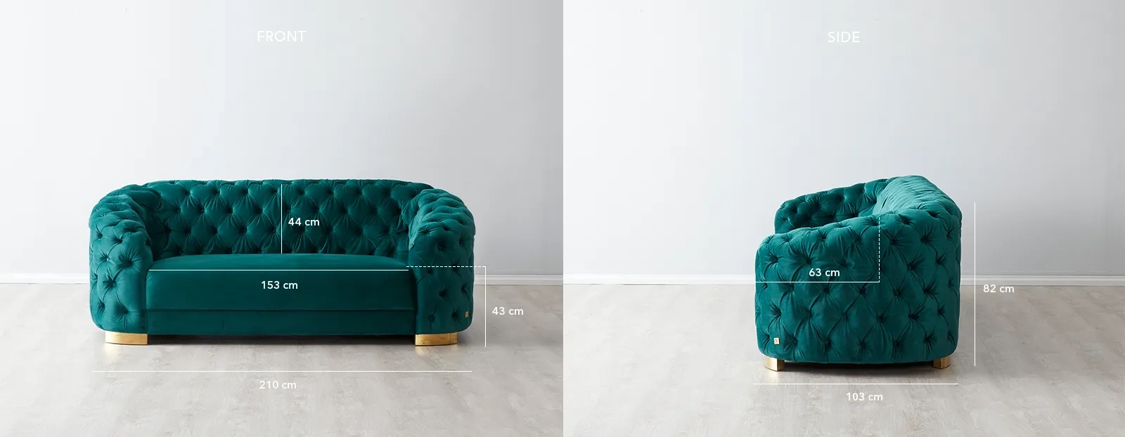 Kelly Emerald Velvet 2-Seater Sofa - Gold Legs