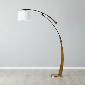 Crescent Brushed Gold Metal Floor Lamp-White Fabric Shade