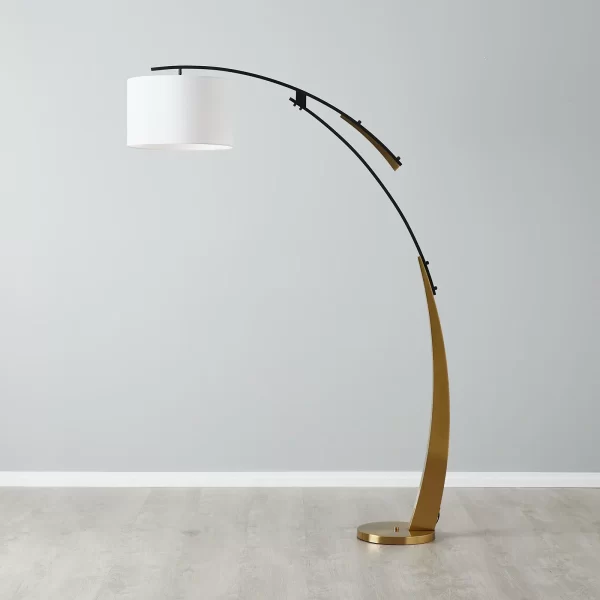 Crescent Brushed Gold Metal Floor Lamp-White Fabric Shade