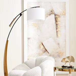 Crescent Brushed Gold Metal Floor Lamp-White Fabric Shade