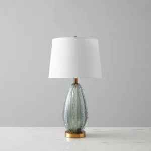 Dorian Brushed Bronze Coloured Glaze Sea Glass Table Lamp - White Linen Lamp Shade