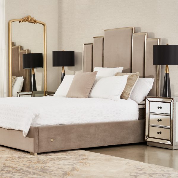 Jacques Beige Velvet Queen Bed - Brushed Champagne Gold Frame