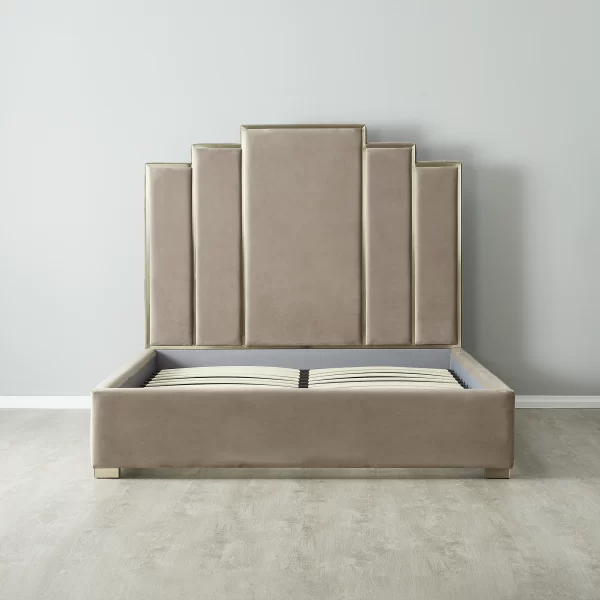 Jacques Beige Velvet Queen Bed - Brushed Champagne Gold Frame