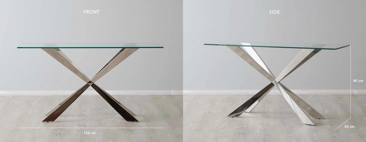 Lena Polished Stainless Steel Console Table - Glass Top