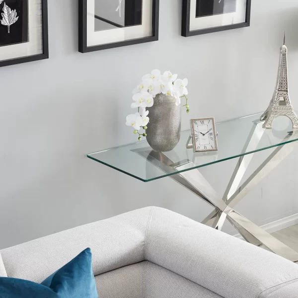 Lena Polished Stainless Steel Console Table - Glass Top1