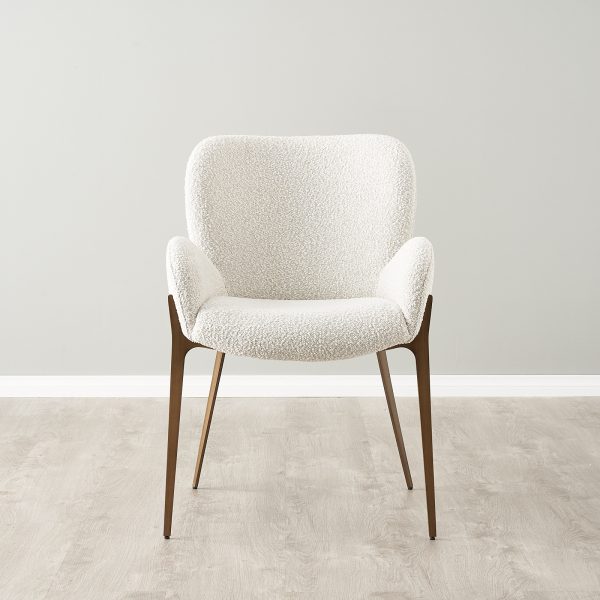 Milana Snow White Boucle Dining Chair - Brass Colour Metal Legs