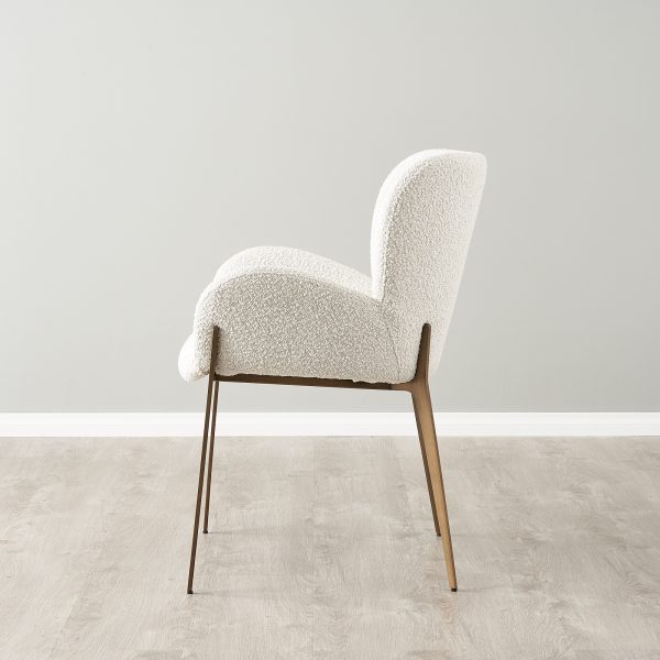 Milana Snow White Boucle Dining Chair - Brass Colour Metal Legs