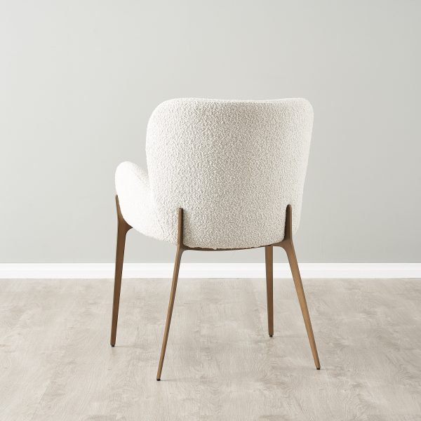 Milana Snow White Boucle Dining Chair - Brass Colour Metal Legs