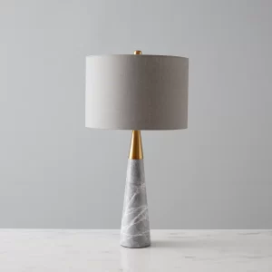 Nadia Brushed Bronze Metal and Grey Marble Table Lamp - Grey Linen Lamp Shade