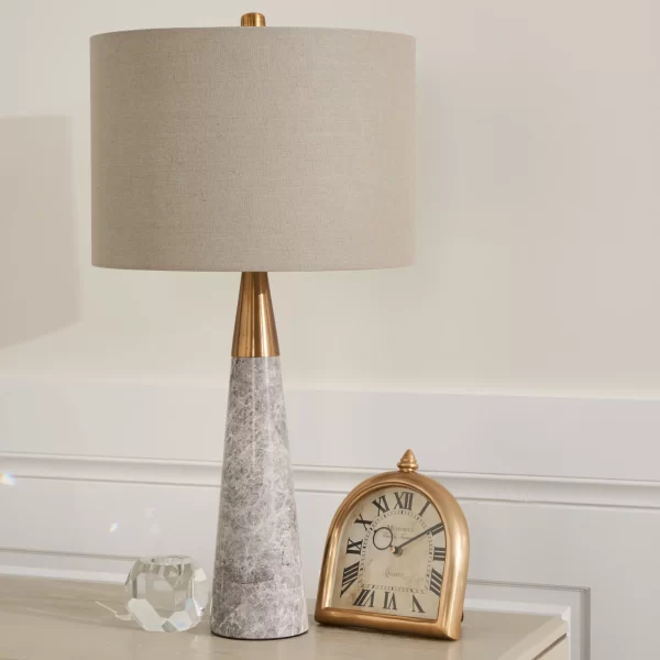 Nadia Brushed Bronze Metal and Grey Marble Table Lamp - Grey Linen Lamp Shade