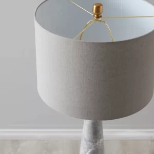 Nadia Brushed Bronze Metal and Grey Marble Table Lamp - Grey Linen Lamp Shade