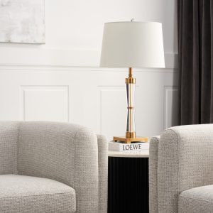 Wilton Brushed Bronze Metal Table Lamp - White Linen Lamp Shade