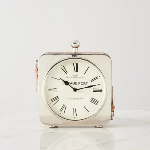 Tik Tok Silver Table Clock -Tan Leather Strap