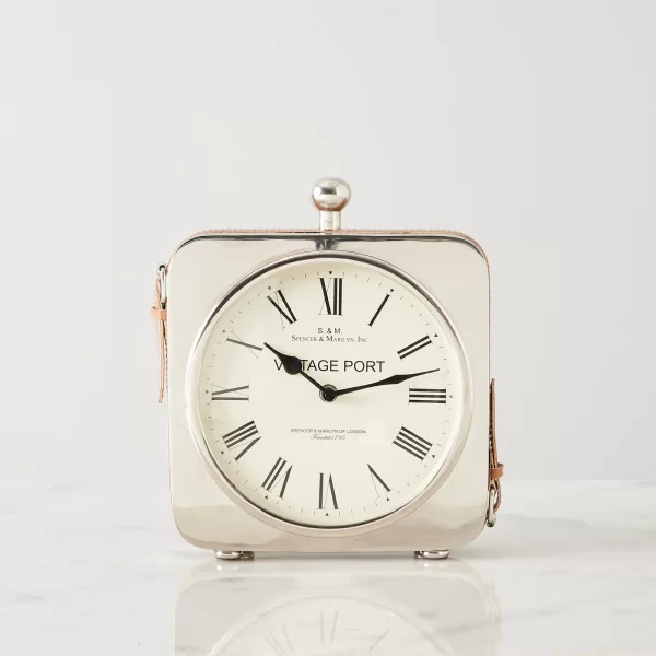 Tik Tok Silver Table Clock -Tan Leather Strap